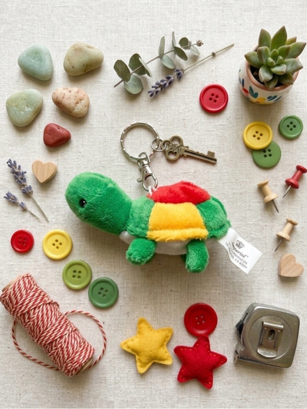 Vintage Imperial Toy Corp Turtle Plush Keychain Multicolor Stuffed Animal 4”